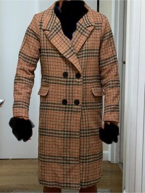 Chateou - Checked Double-Breasted Pea Coat in Tan and Orange